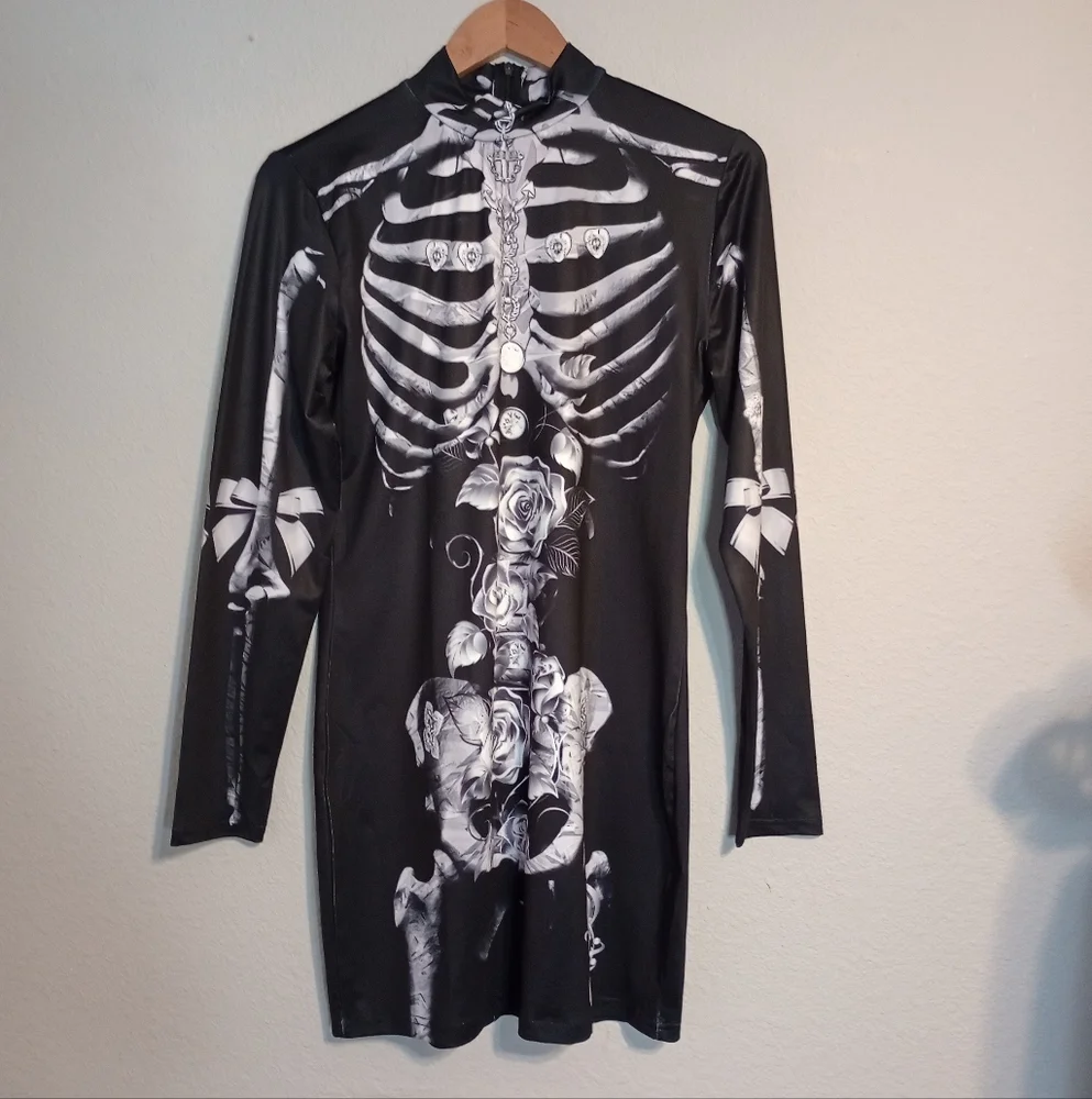 Women's Halloween Rose Skeleton Bodycon Dress Day Of The Dead